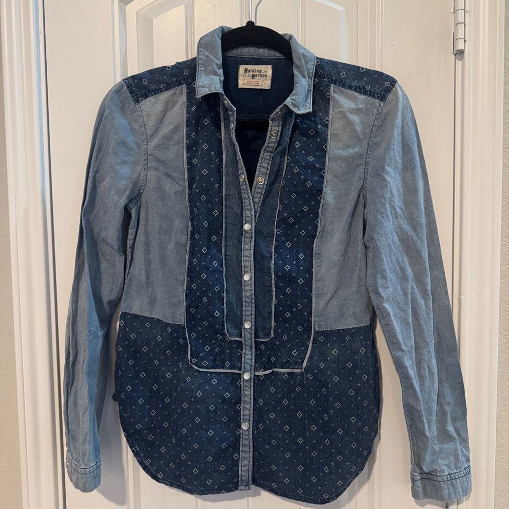 Holding horses Blue Patchwork‎ western coastal cowgirl Denim Shirt